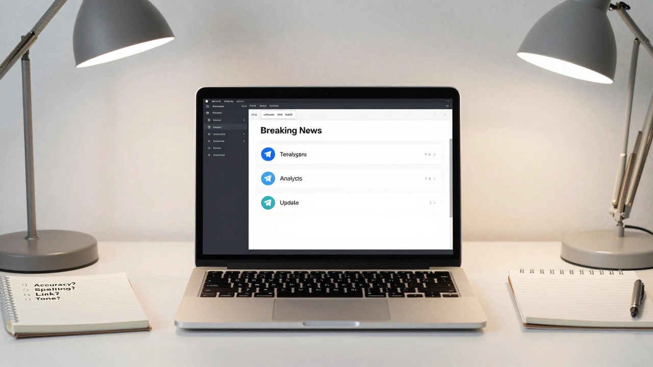 A desk with saved Telegram templates and a proofreading checklist, symbolizing disciplined news delivery.