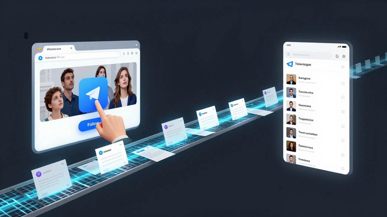 A digital bridge connecting a website to a Telegram app, with floating news updates.