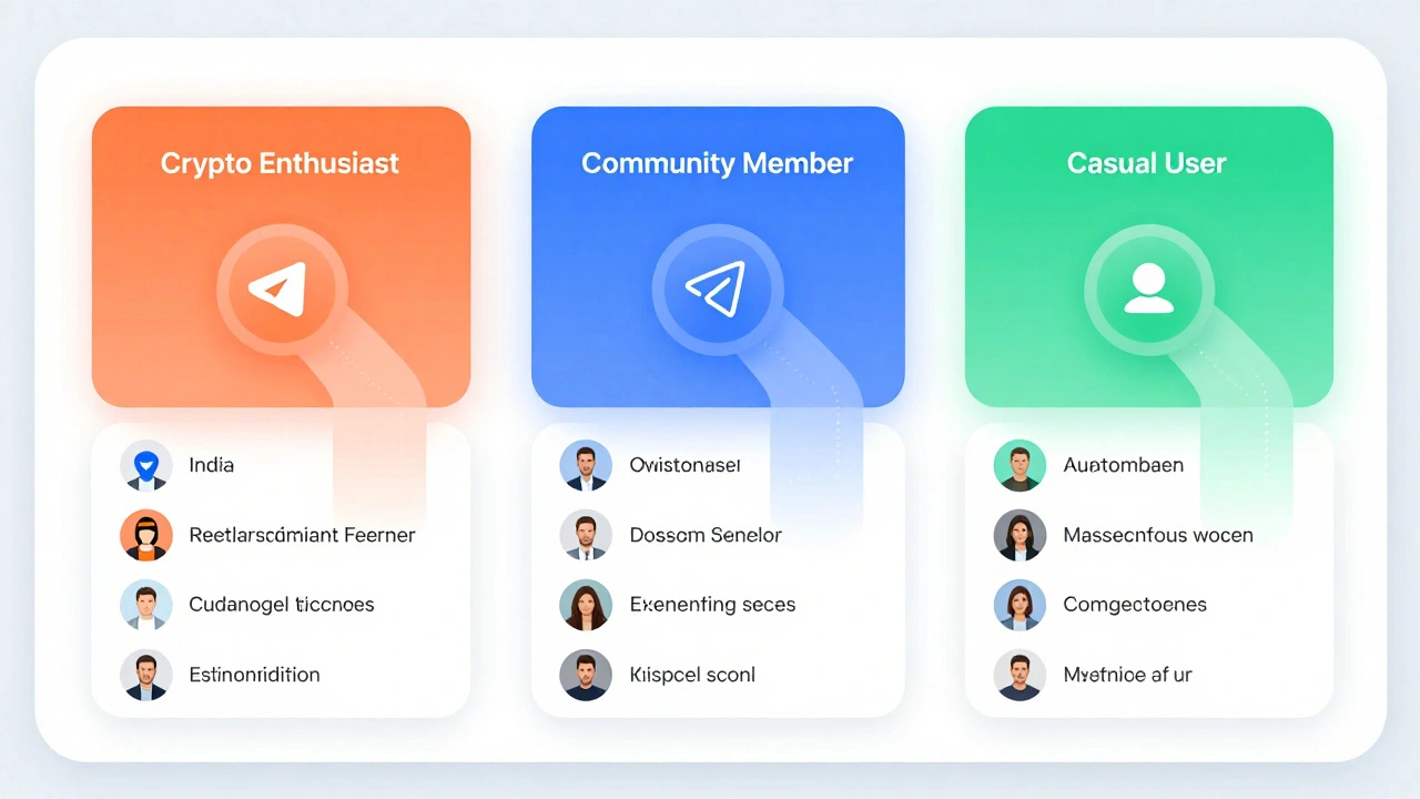 A digital dashboard showing color-coded Telegram user segments and automated bots connecting personalized message templates.