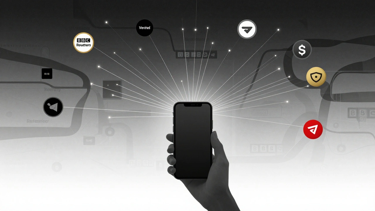 A digital network of verified and fake news channels branching from a user’s hand, symbolizing trust and deception.