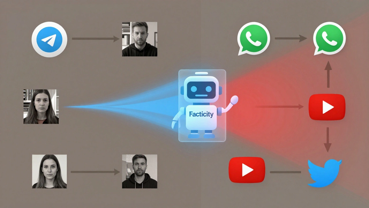 A disinformation cascade begins in a small Telegram group but is halted mid-spread by a verification bot, preventing viral spread to other platforms.