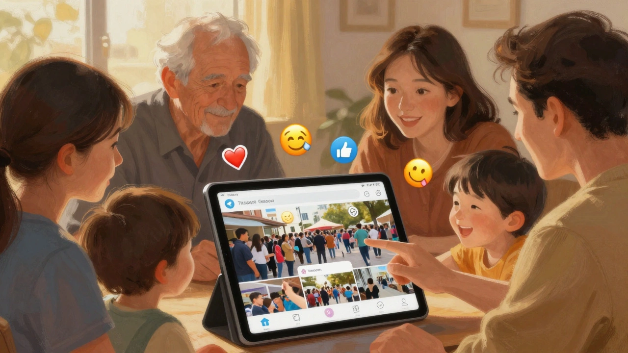 A family watching a Telegram group story video together, reacting with emojis as they connect over a local community update.