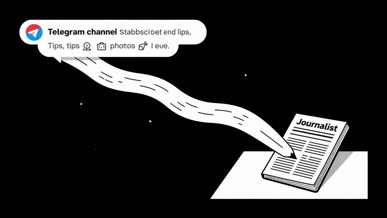 A flowchart-style visualization showing Telegram subscriber tips feeding into journalistic reporting.