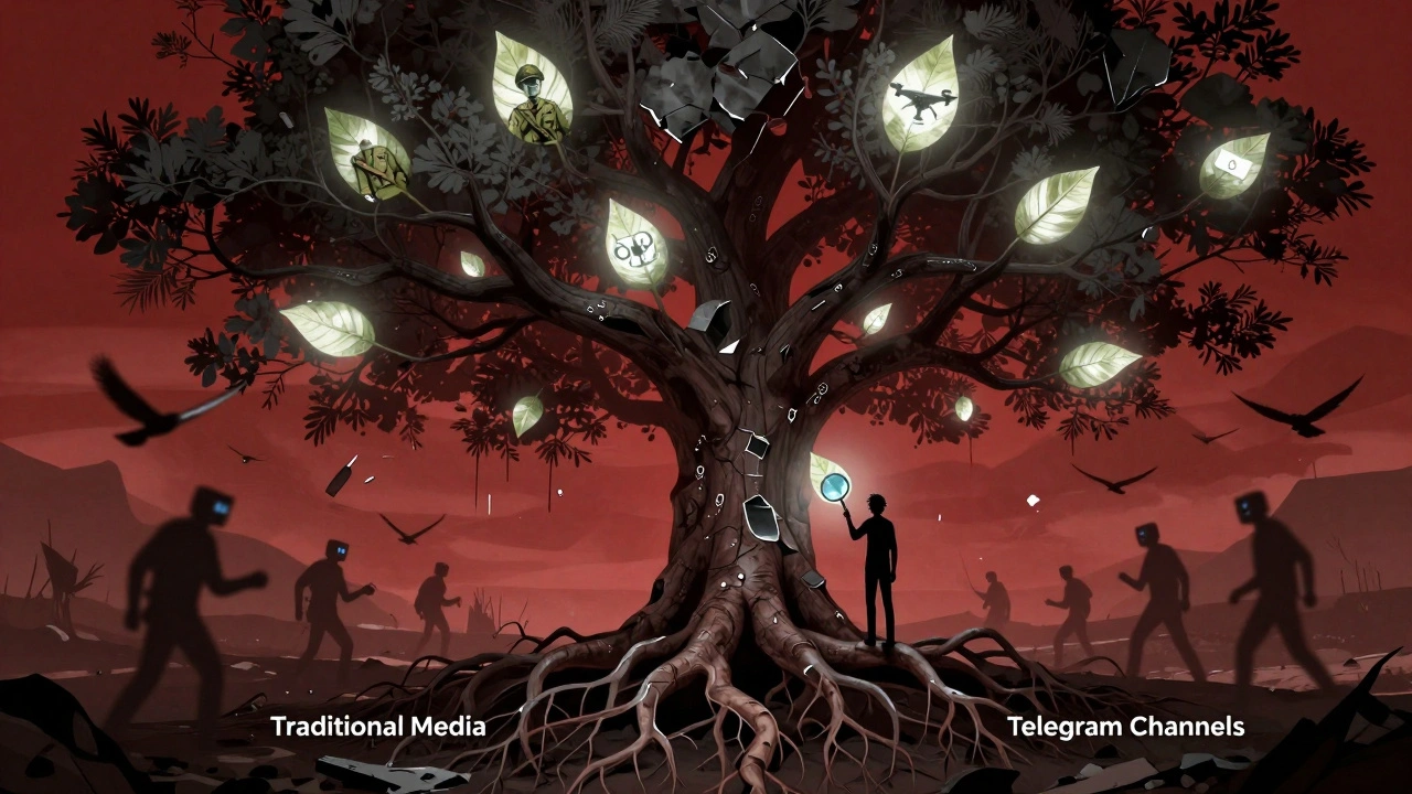 A fractured tree symbolizes Telegram's decentralized news network, with branches carrying real and fake content amid war-torn landscapes.