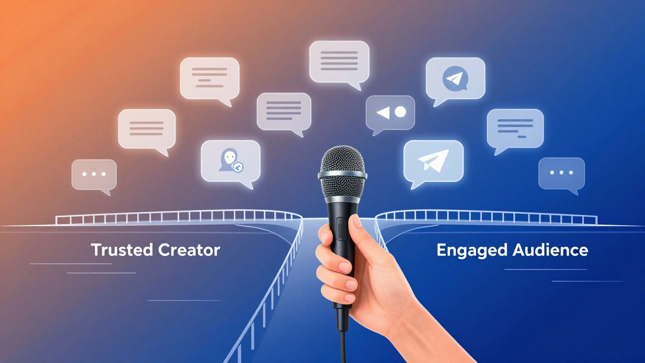 A glowing bridge of Telegram chat bubbles connecting a microphone to an engaged audience, symbolizing trust-based growth.