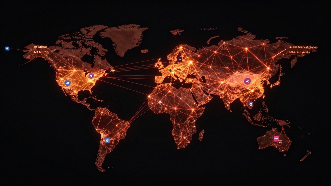 A glowing digital network map showing how small Telegram channels feed misinformation into large global networks.