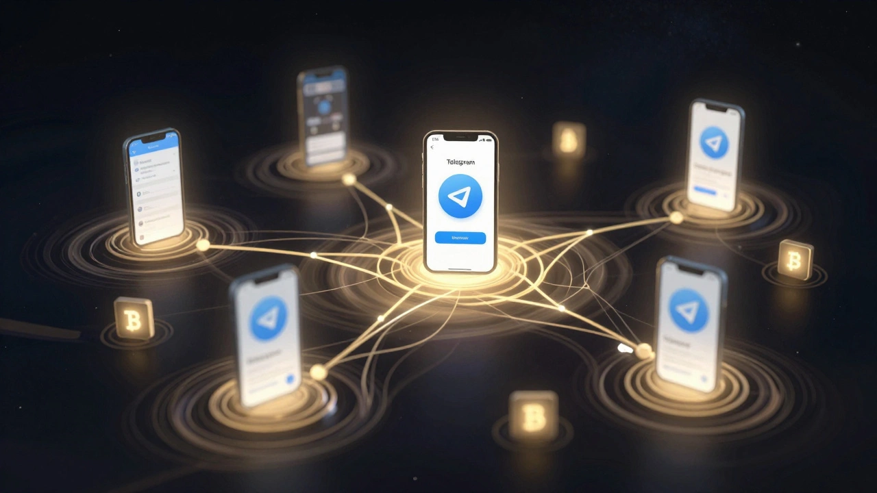 A glowing network of Telegram mini apps interconnected like a digital ecosystem with blockchain nodes.