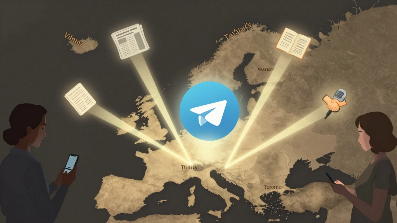 A glowing Telegram channel connects European cities with cultural icons like poems, recipes, and microphones, illuminating people from different backgrounds.