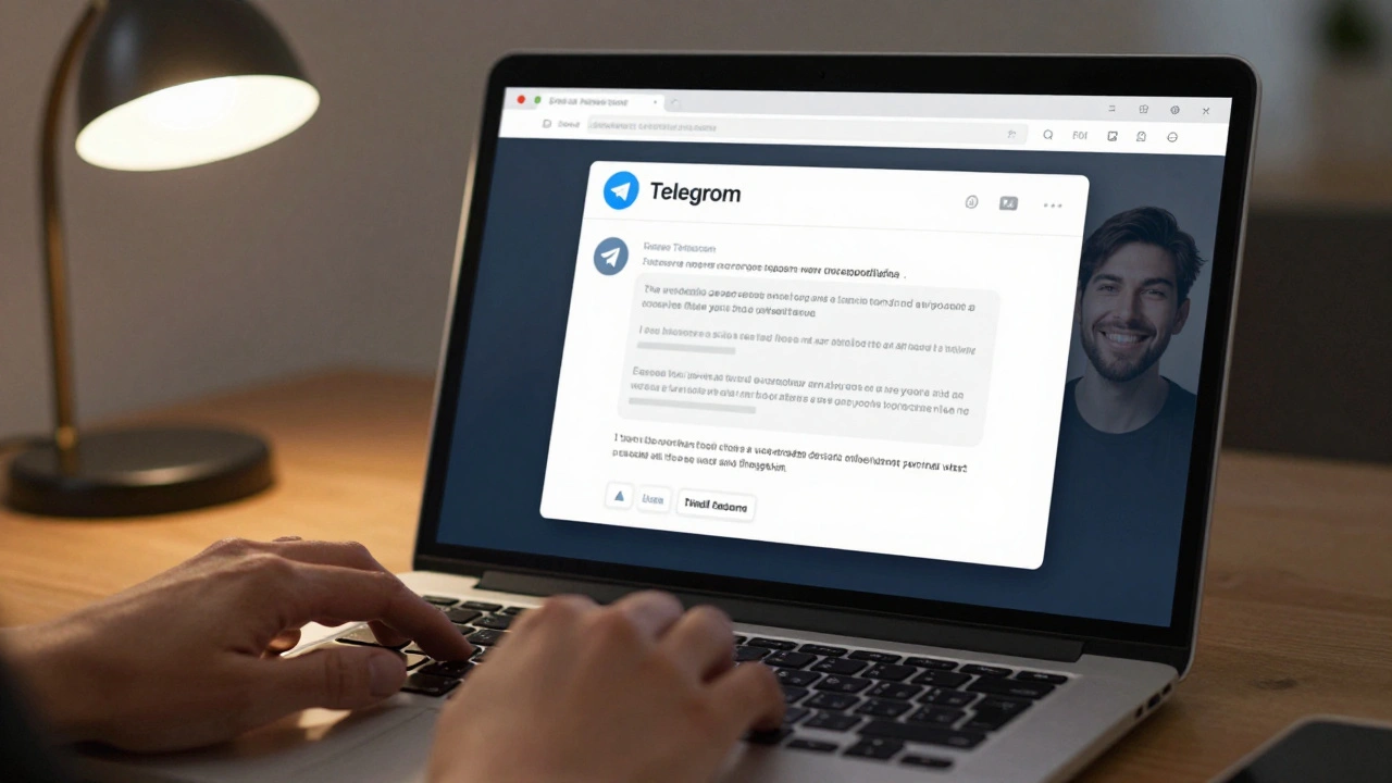 A journalist's hand hesitating over a Telegram message that perfectly mimics their newsroom's branding, with an AI face reflected on screen.