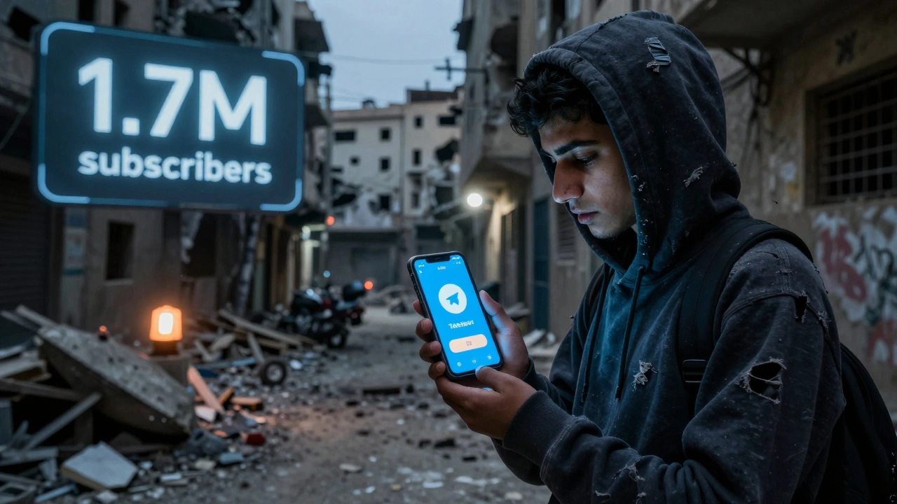 A journalist in Gaza sends a large video file via Telegram amid war-torn ruins, screen showing millions of subscribers.