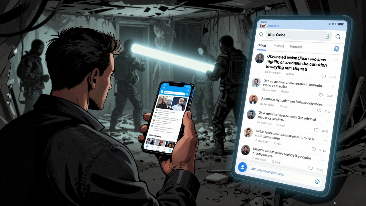 A journalist in Ukraine sending a raw news update via Telegram amid war damage, while shadowy censors block a firewall in the background.