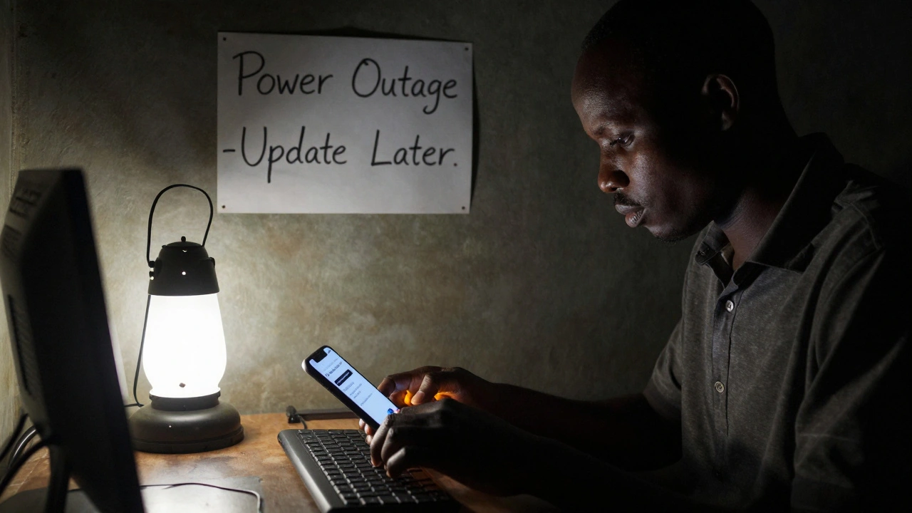 A journalist sends a text-only news update via Telegram during a power outage in Kenya.