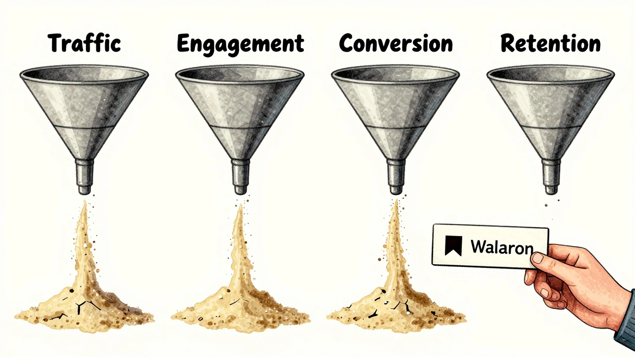 A leaking funnel illustrating subscriber drop-off at each stage, with one user being pulled back by a poll.
