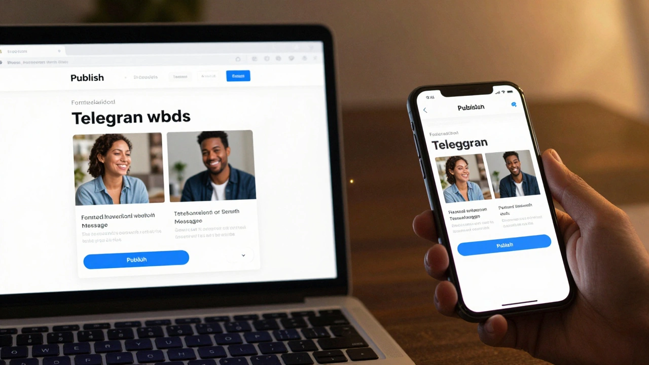A person publishing a blog post while the same content instantly appears on a smartphone in a Telegram message.