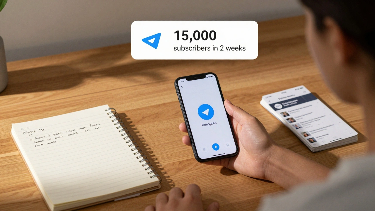 A person recording a voice note on a phone beside a notebook and screenshots, with a rising subscriber counter visible on screen.