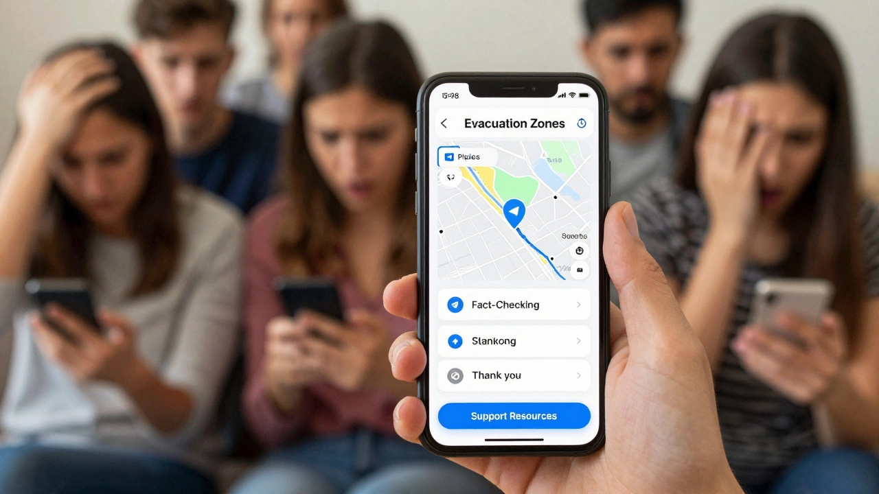 A person relieved as they view verified information in structured Telegram Topics during a crisis.