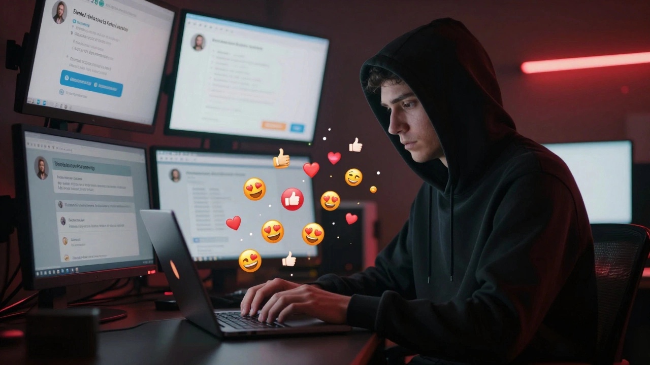 A person uses automated tools to generate fake Telegram emoji reactions, surrounded by digital noise and blank comment sections.