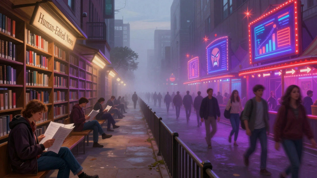 A quiet library path leading to trusted information, contrasted with a chaotic neon carnival of manipulative social media feeds.