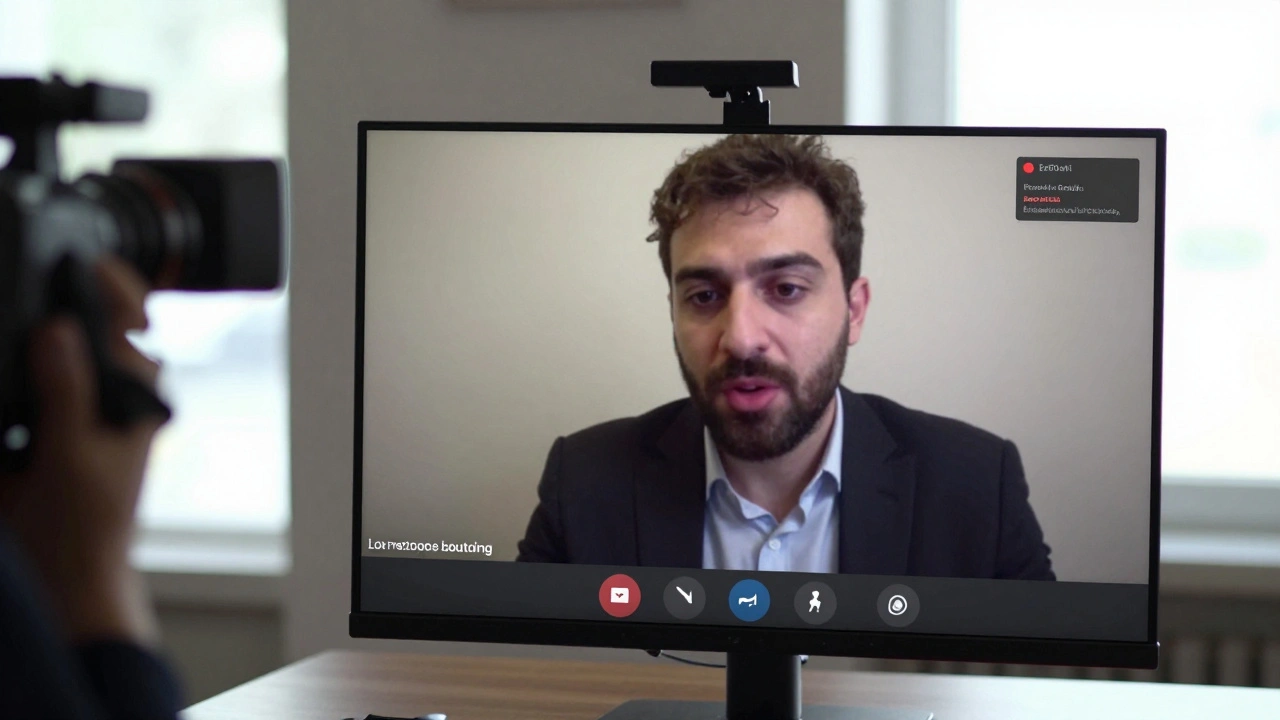 A reporter on a video call with real-time translation subtitles appearing beside the speaker, powered by EzDubs.