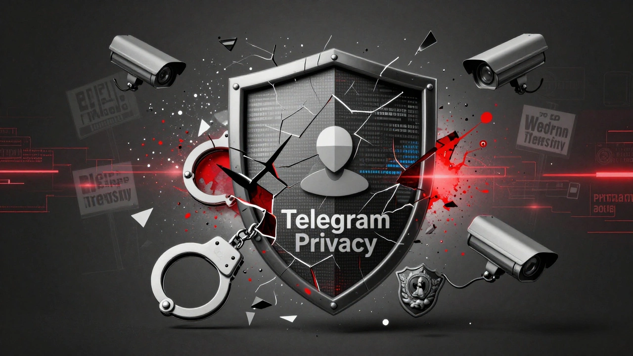 A shattered digital shield breaking into handcuffs, badges, and cameras, with political symbols dissolving into data streams.