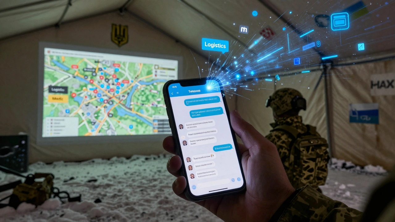 A soldier in Ukraine using Telegram on a battlefield, receiving real-time bot replies, with military maps and government logos fading in the background.
