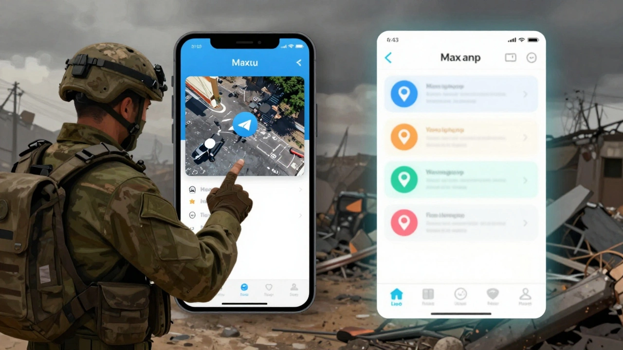 A soldier on one side struggles with slow Telegram media, while a government surveillance interface tracks data on the other side in a war zone.