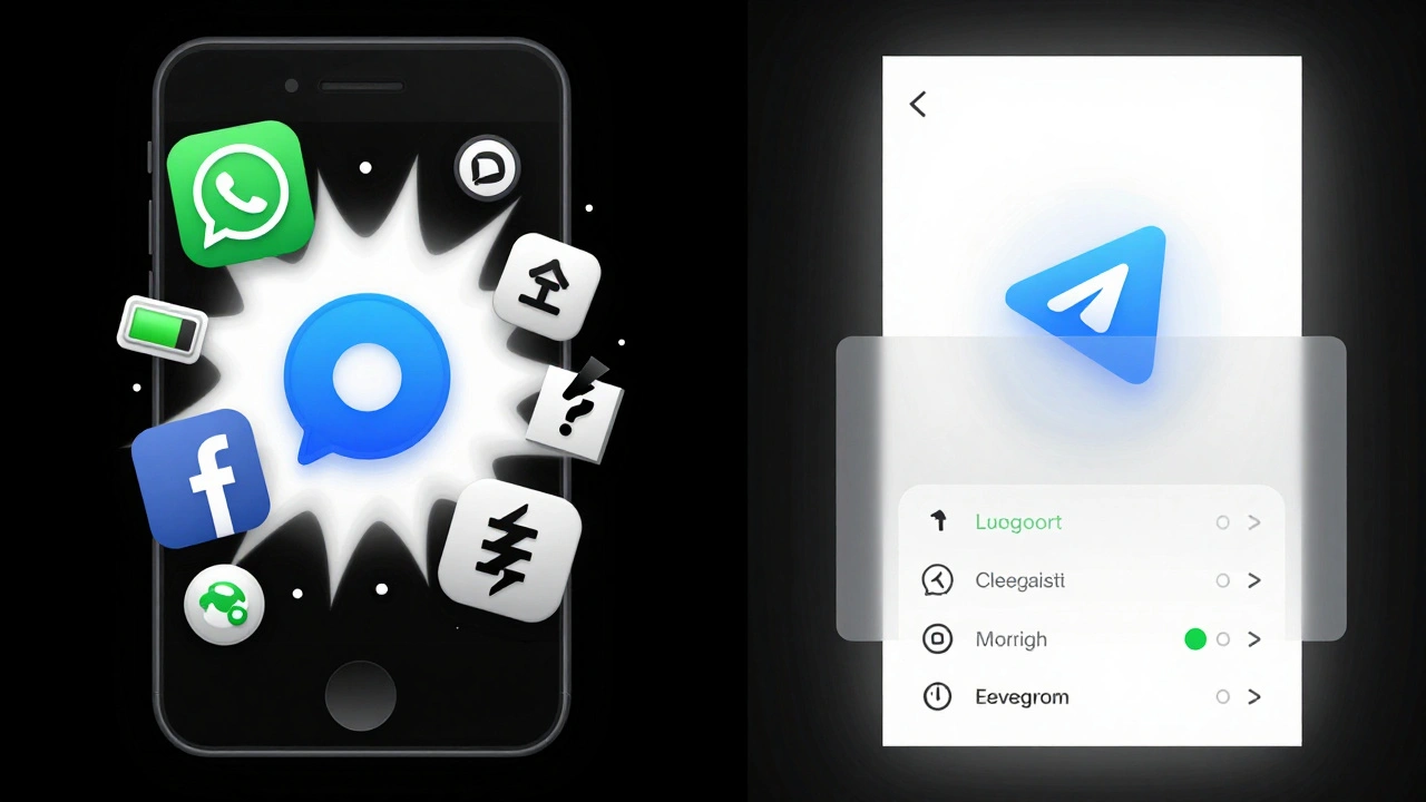 A split-screen showing bloated apps crashing on an old phone versus Telegram's lightweight, accessible interface with navigation cues.