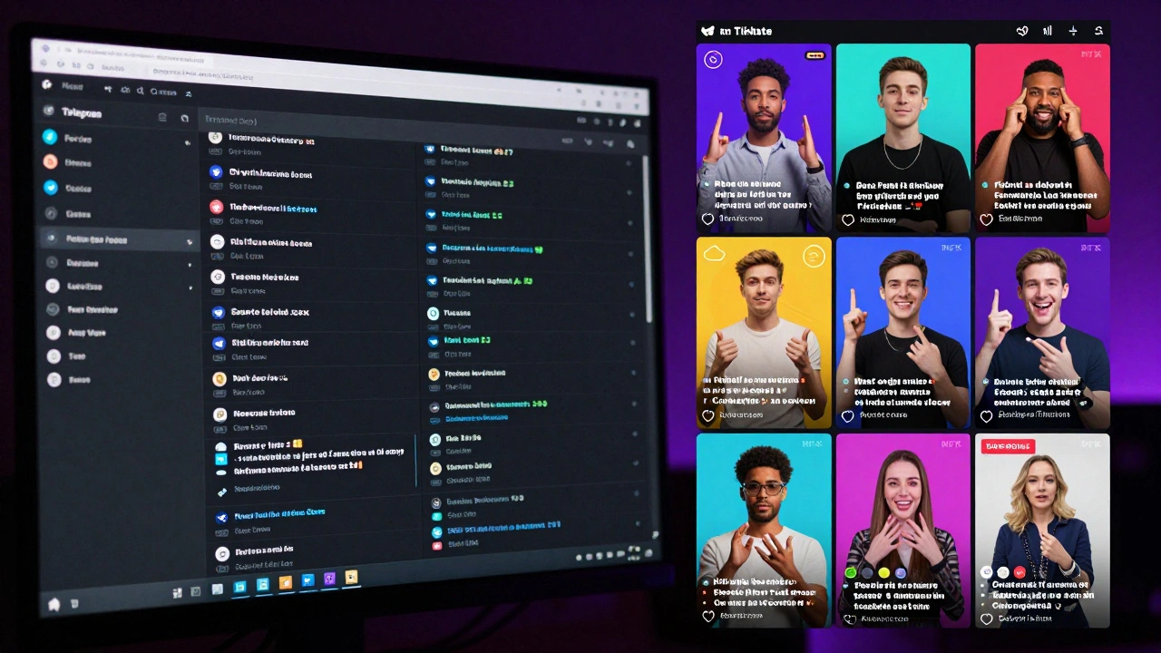 A split-screen showing dense Telegram text messages versus vibrant TikTok news clips with dynamic visuals.