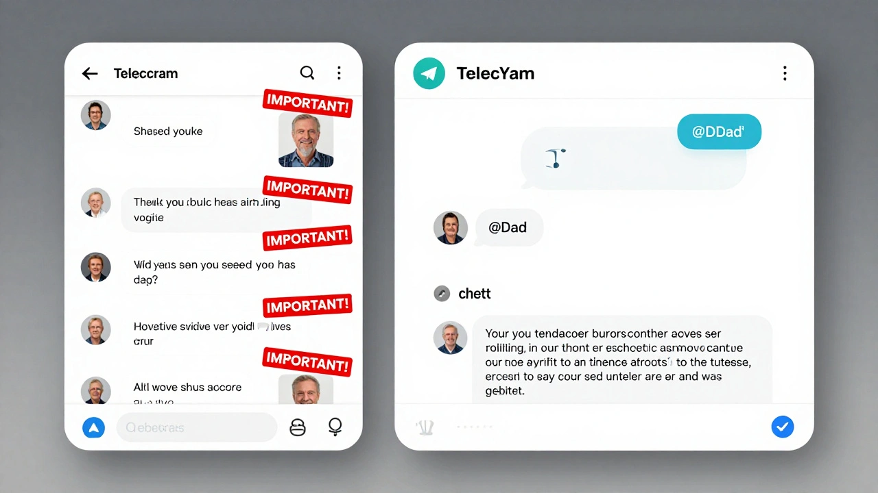 A split-screen view contrasting how older and younger family members share news on Telegram — cluttered links vs. verified summaries with tags.