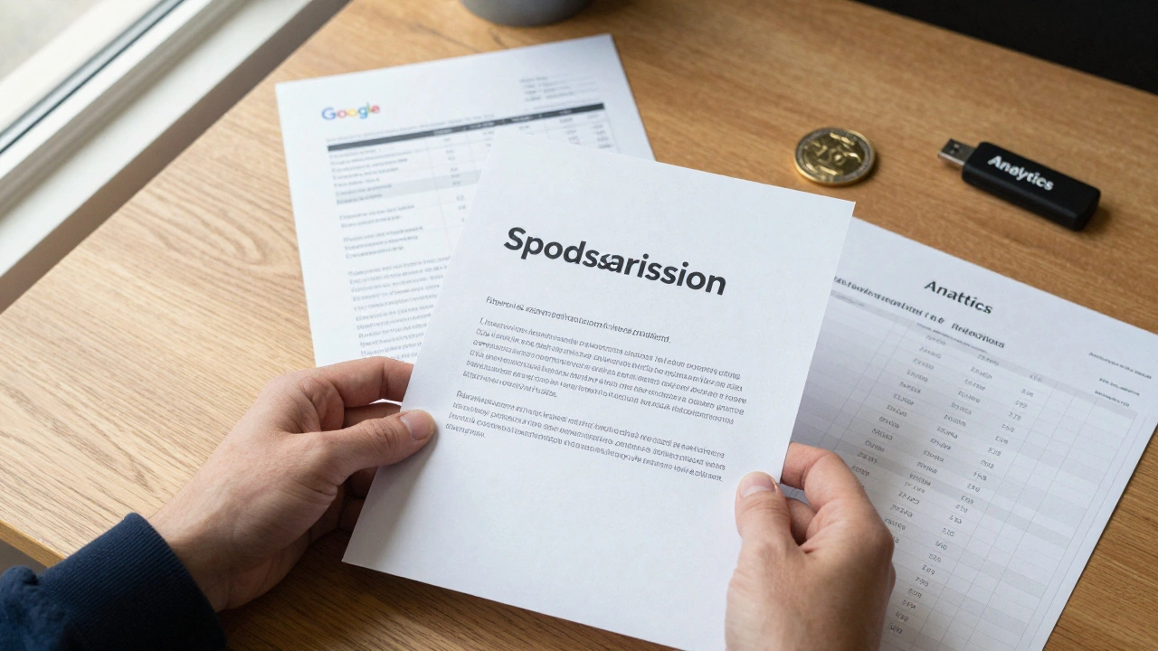 A sponsorship proposal and analytics sheet sit on a desk beside a Toncoin coin, showing data-driven credibility for advertiser outreach.