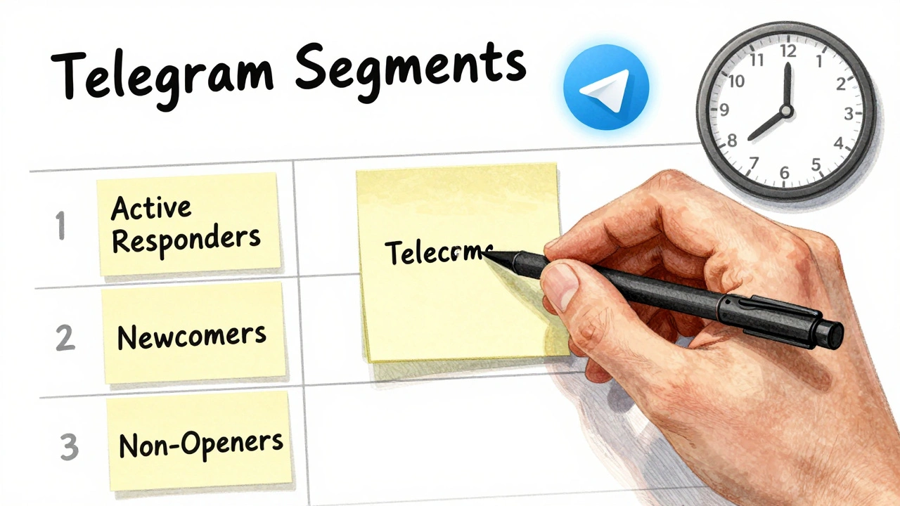 A spreadsheet with segmented Telegram audience tags and a bot icon, illustrated in a hand-drawn, warm style.