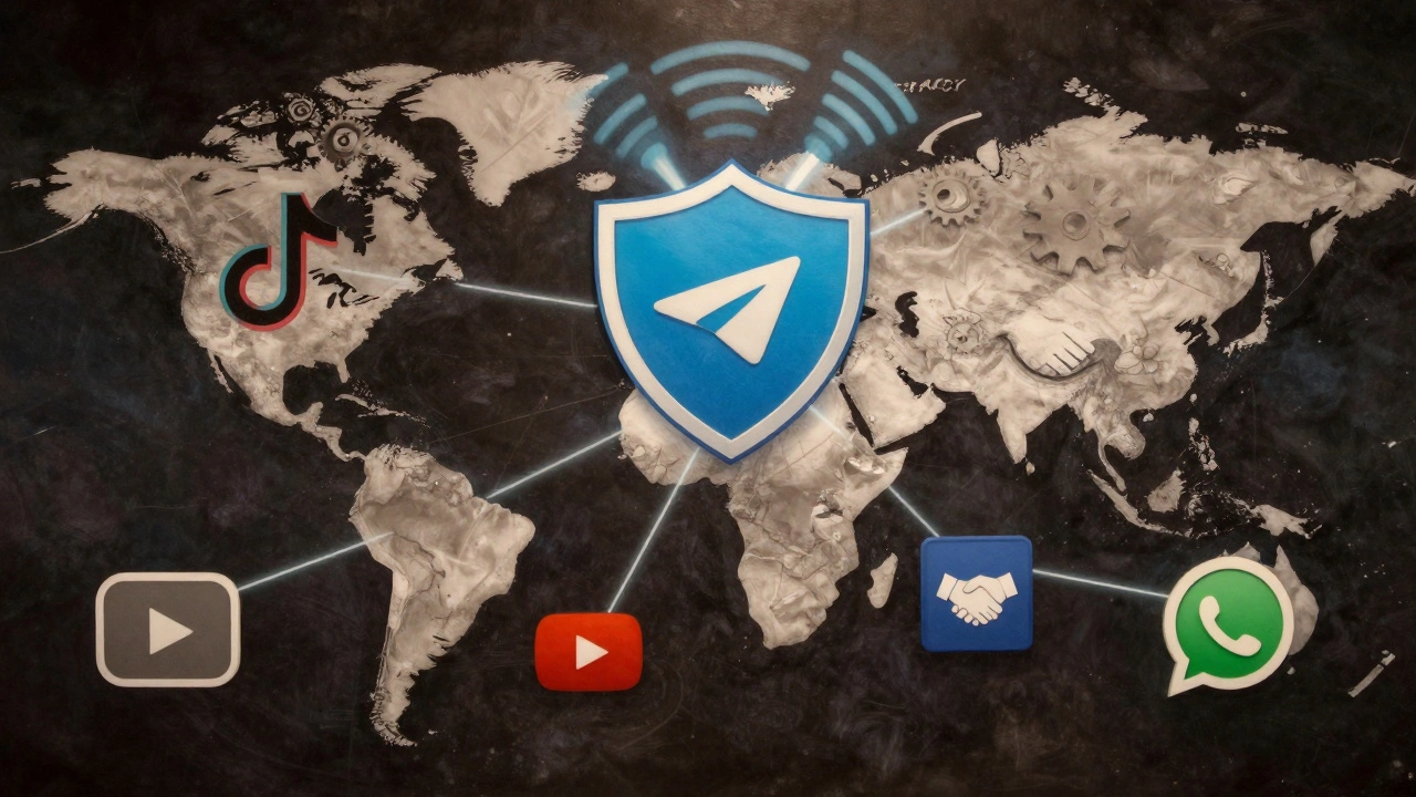 A symbolic mural showing Telegram as a central broadcast hub, connected by light threads to TikTok, Facebook, YouTube, and WhatsApp icons in a global news ecosystem.