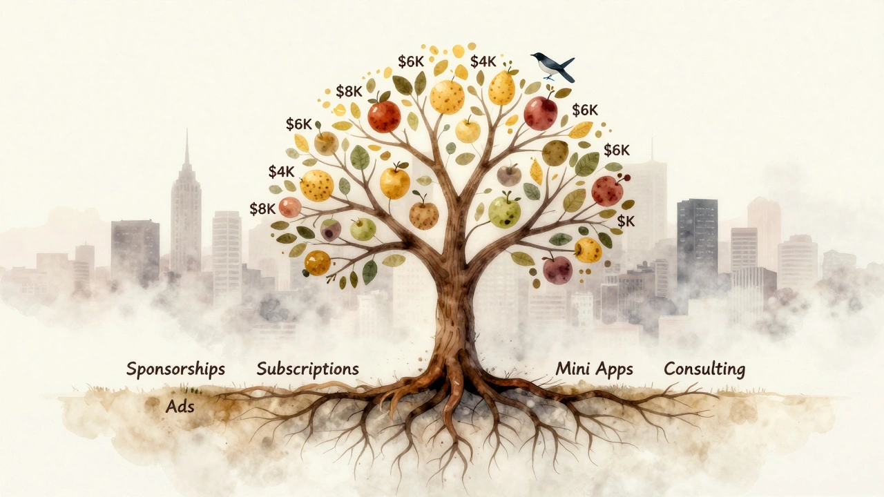 A symbolic tree with roots labeled by funding methods, bearing fruit marked with income amounts, under a fading city skyline.