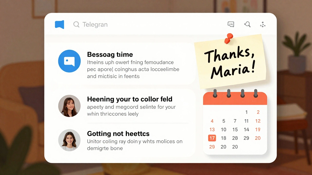 A Telegram digest post with a personal note and curated links, displayed alongside a weekly calendar.