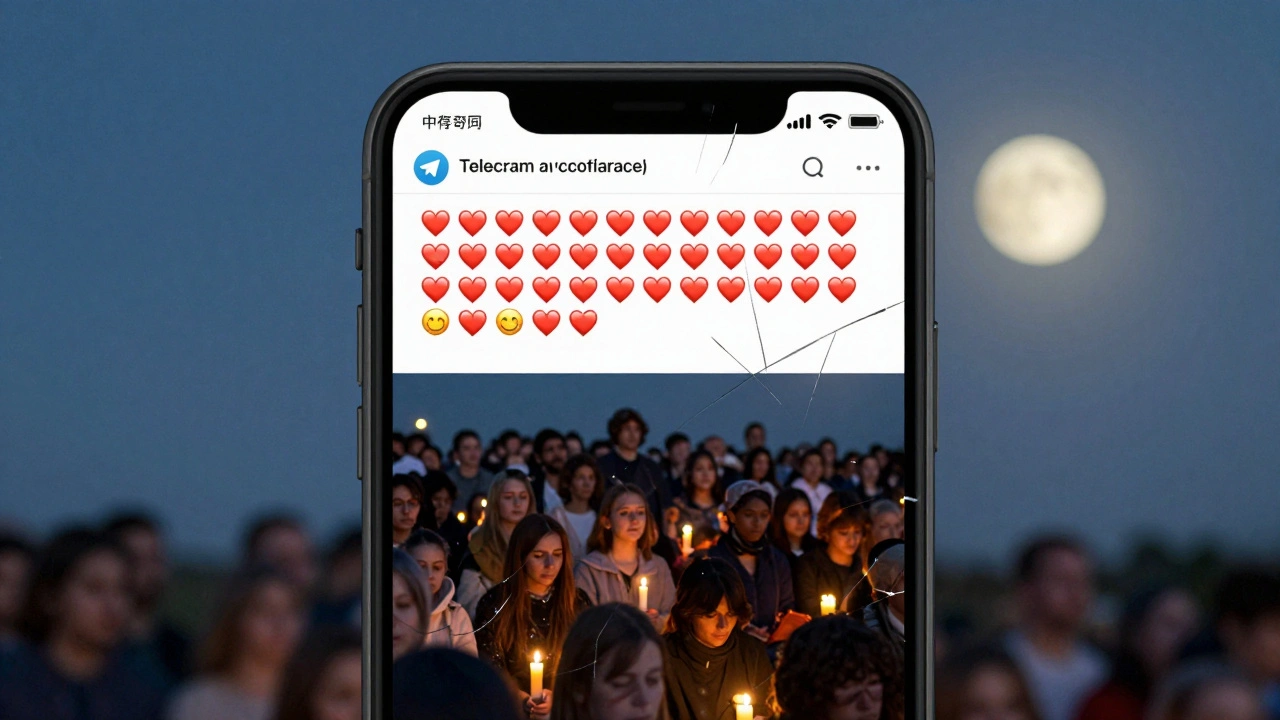 A Telegram post about disaster gets heart emojis, but its reflection shows a silent crowd mourning—revealing the truth beneath the surface.