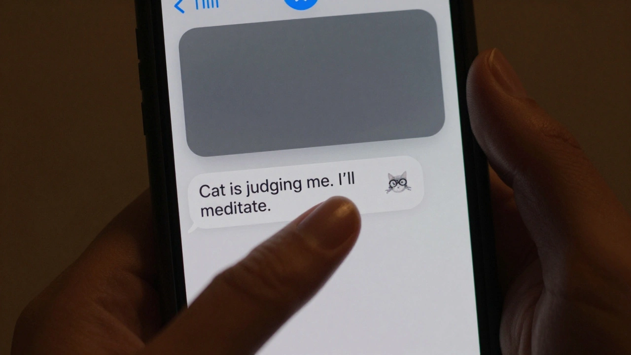 A user reading a warm Telegram message with a cat emoji while a dismissed push notification glows faintly in the background.