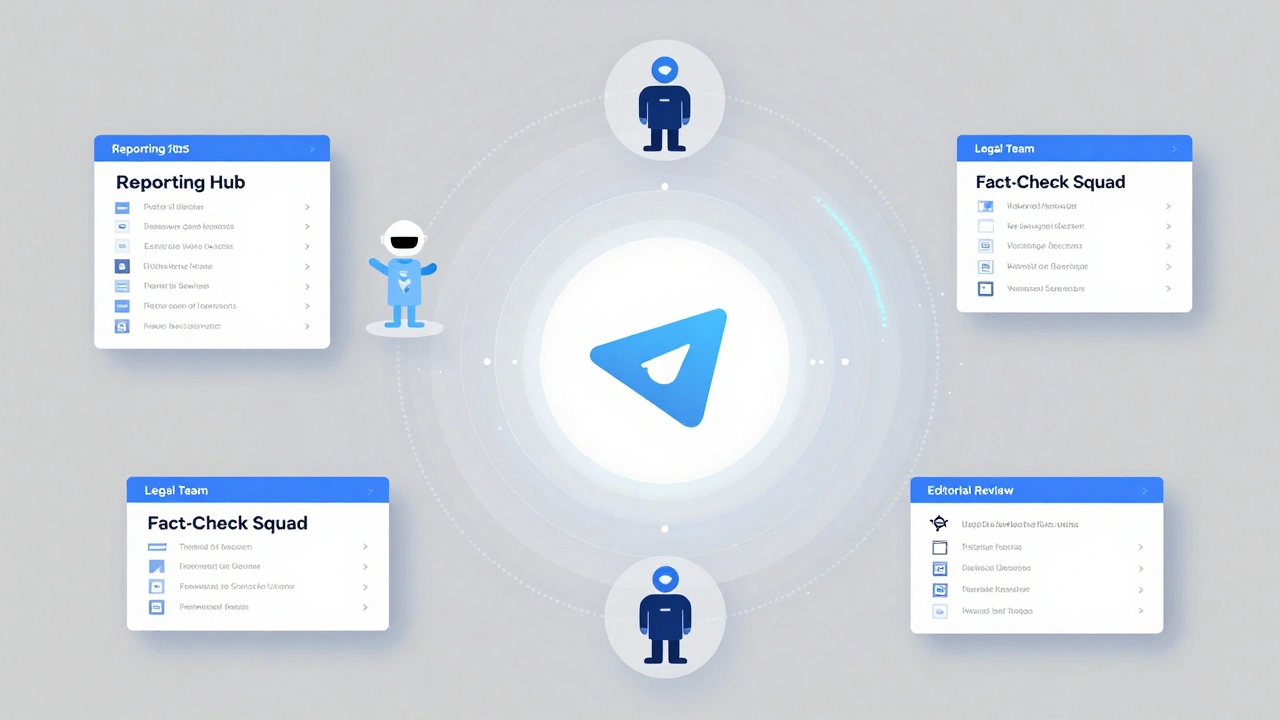 A visual map of Telegram’s newsroom structure with automated bots guiding reporters, editors, and fact-checkers.