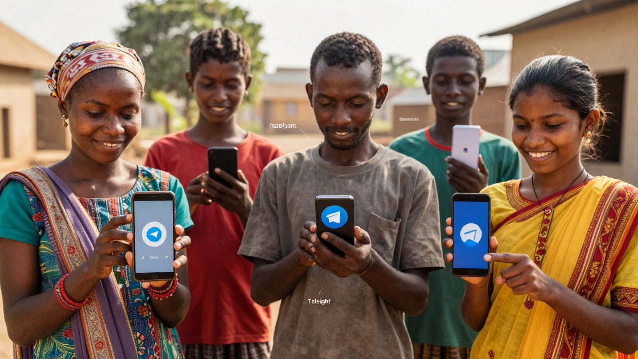 A woman in Nigeria, a blind man in Bangladesh, and a student in India using Telegram on budget devices under natural sunlight.