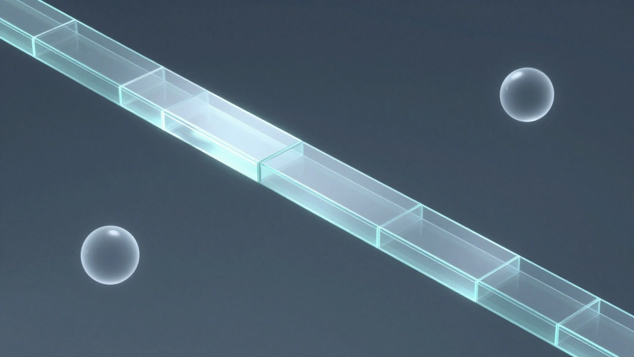 Abstract 3D pathway of light blocks connecting two spheres in a minimalist style.