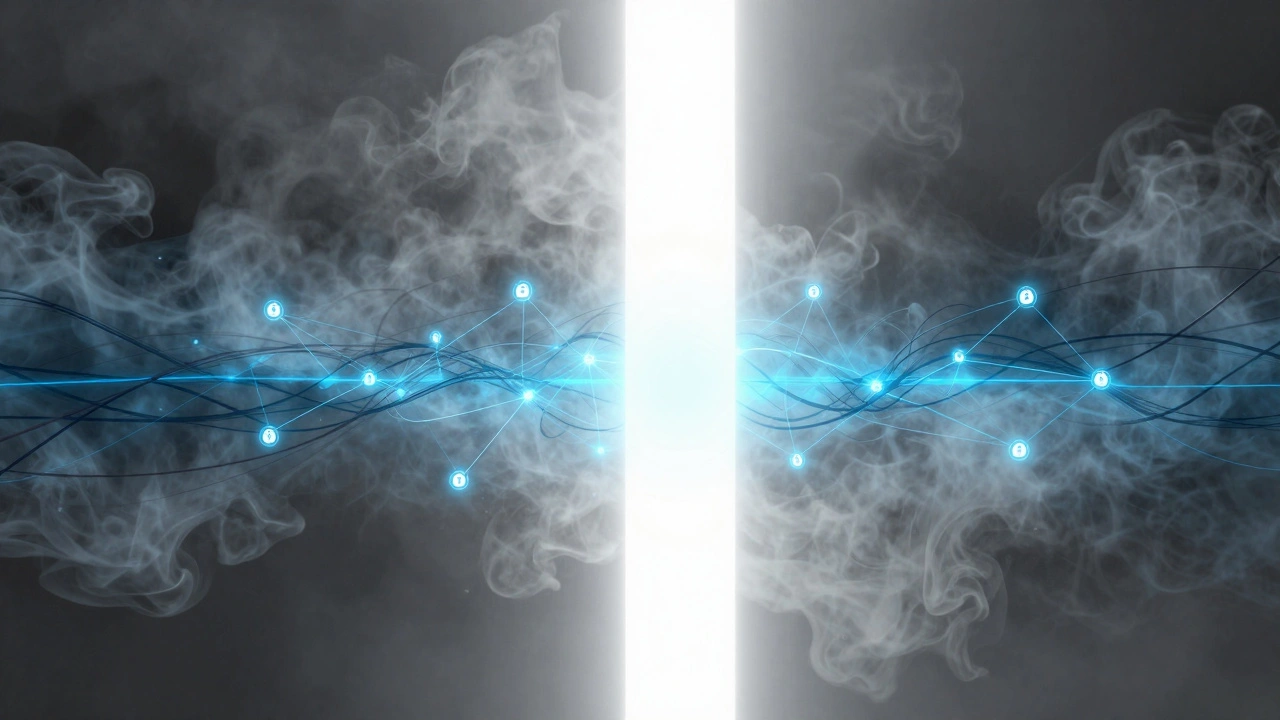 Abstract art showing chaos turning into ordered glowing paths