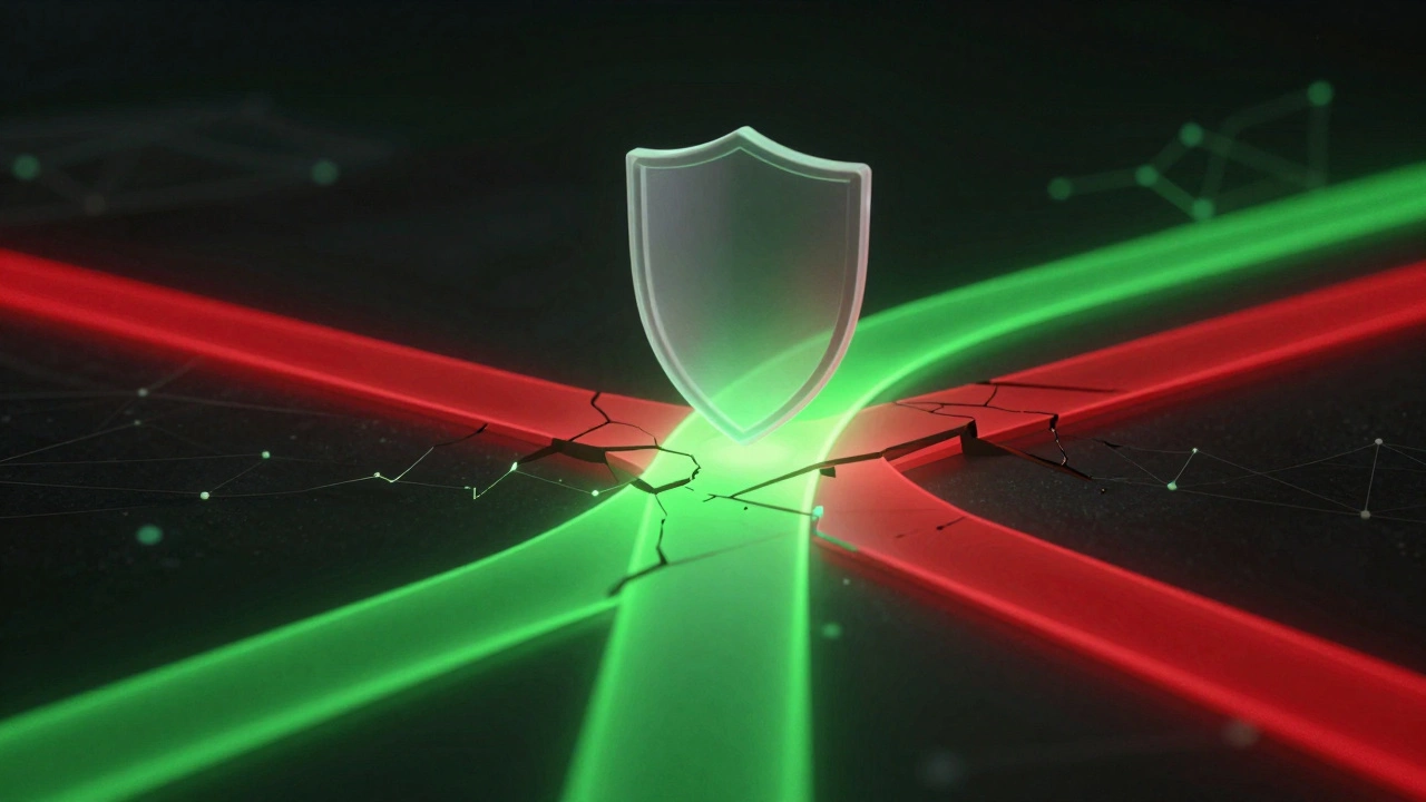 Abstract digital pathway with green and red streams representing verified news and misinformation.