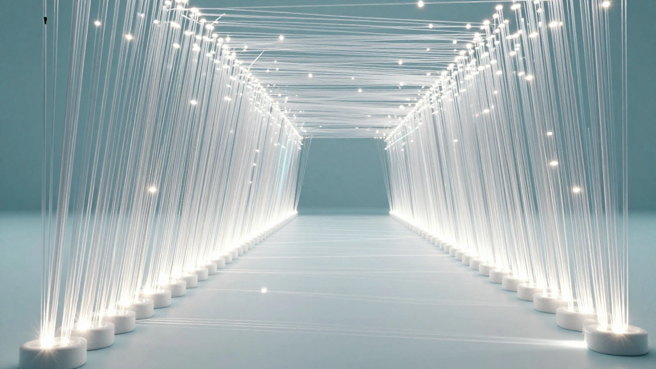 Abstract fiber optic network tunnel with automated filtering nodes and flowing light.