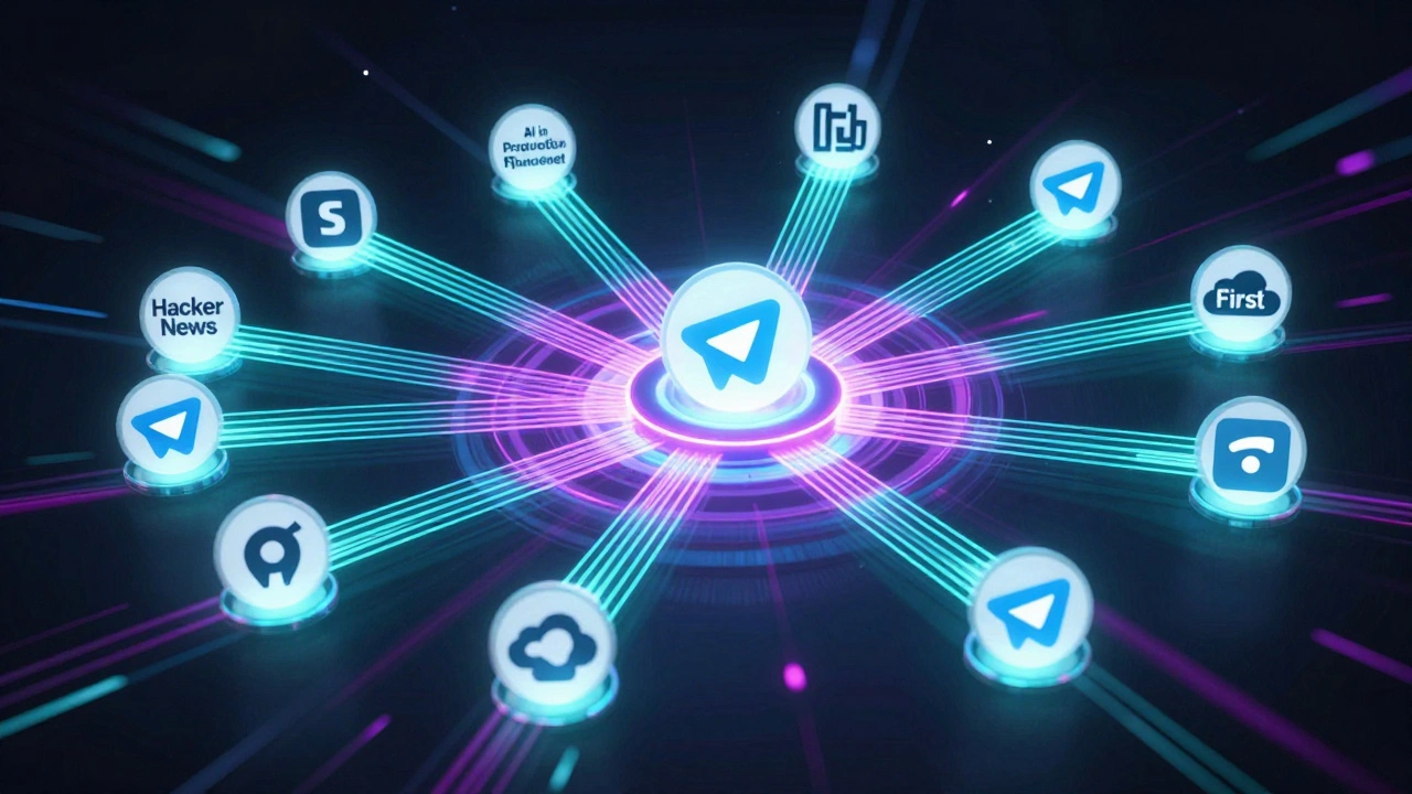 Abstract network of glowing Telegram tech channels connected by data streams from GitHub and cloud platforms.