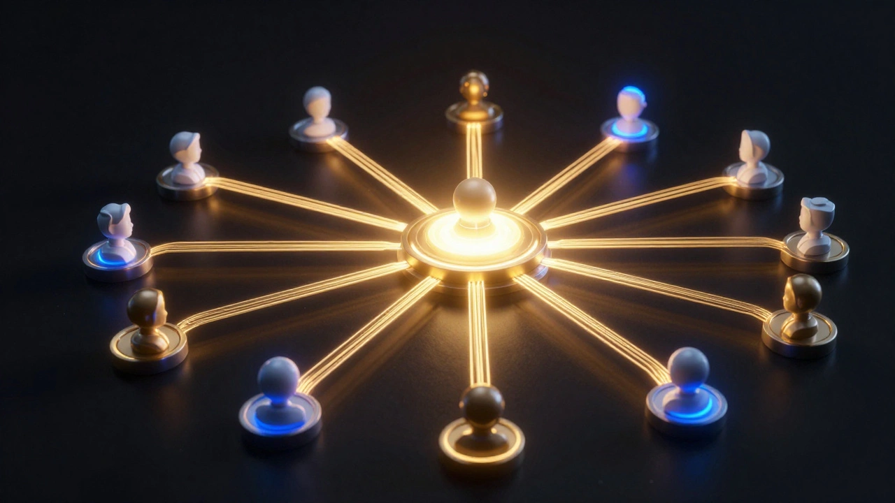 Abstract network of nodes connected by glowing golden light streams