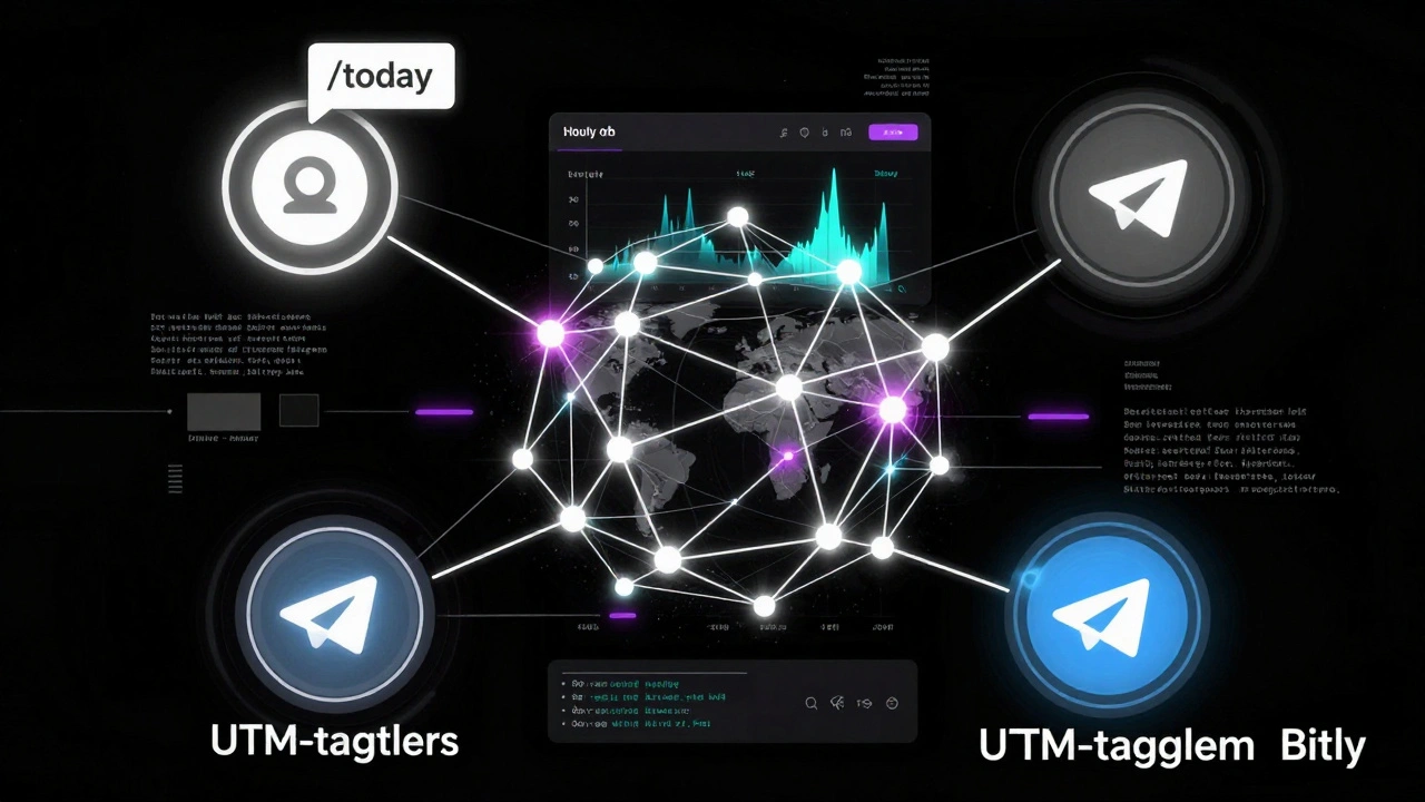 Abstract neural network of glowing nodes representing Telegram bot user interactions and UTM-linked data streams.