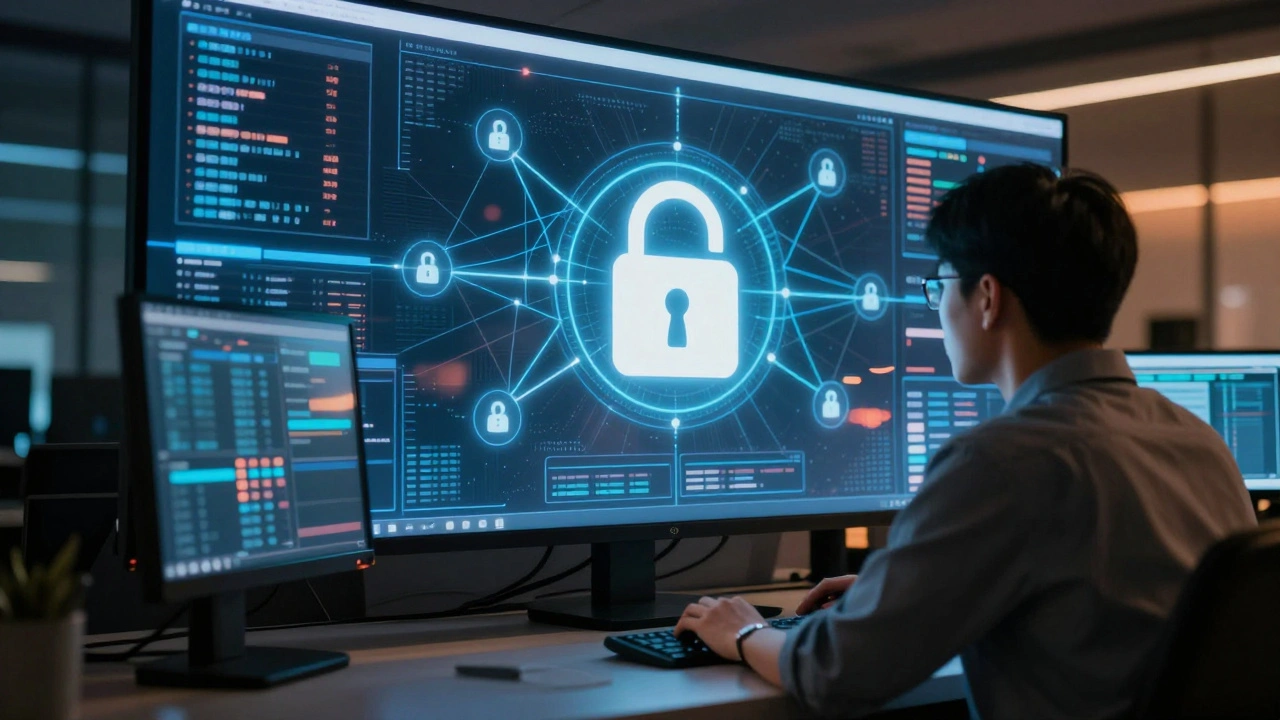 Administrator monitoring a secure data stream in a dimly lit control room environment.