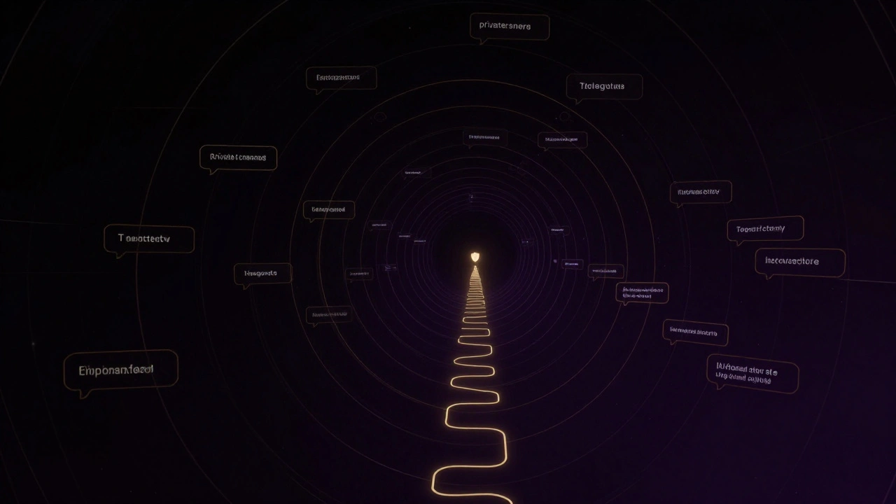 An abstract network of fading message paths leading to one glowing verified source, representing hidden information flows on Telegram.