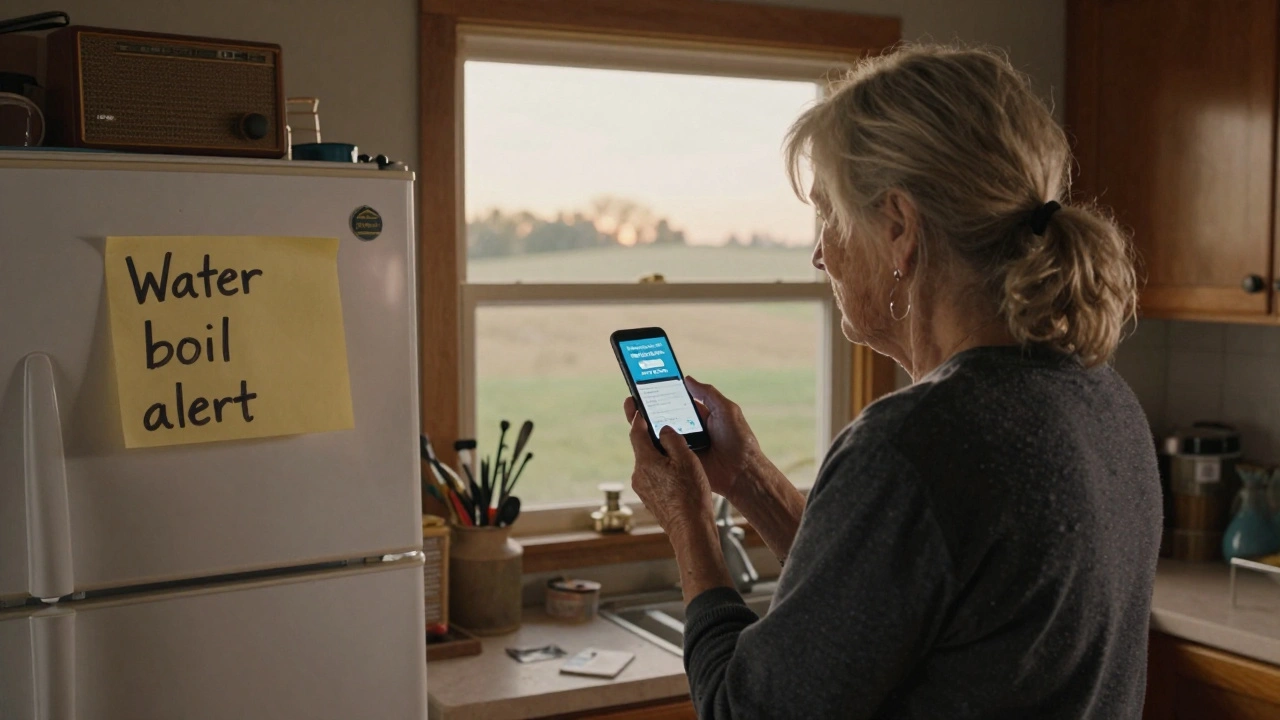 An elderly rural woman sending a voice alert on Telegram in her kitchen, with a handwritten note about water safety nearby.