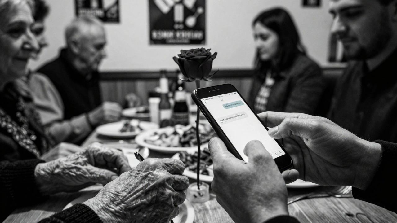 An elderly woman and a younger person interact over a Telegram message in Armenian, with a community dinner blurred in the background and a red rose between them.