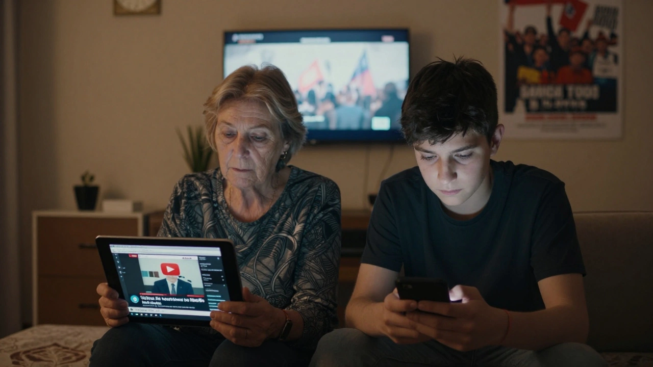 An older woman watching YouTube news on a tablet, while her teenage grandson scrolls Telegram on his phone in a dimly lit Serbian living room.
